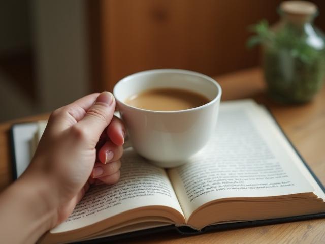 コーヒーを飲みながら本を読む手