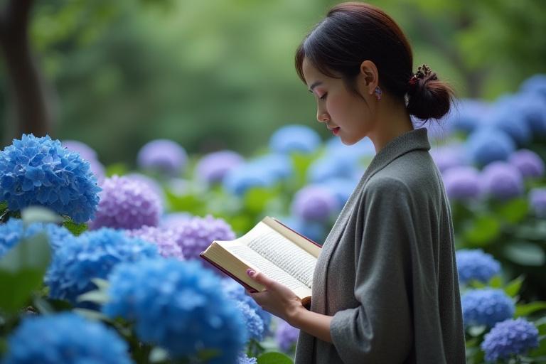 アジサイの咲く庭で本を読む女性